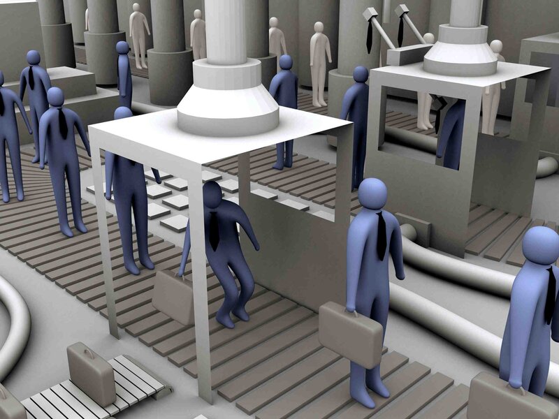 office workers on conveyor belt