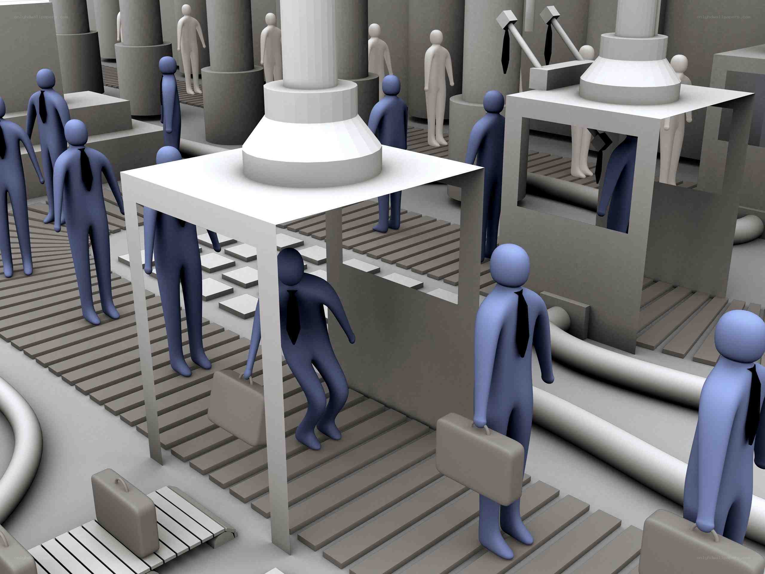 office workers on conveyor belt