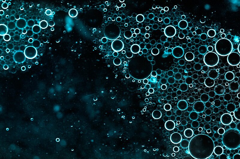 Oil Bubbles in Water — Blue, Abstract, Photograph