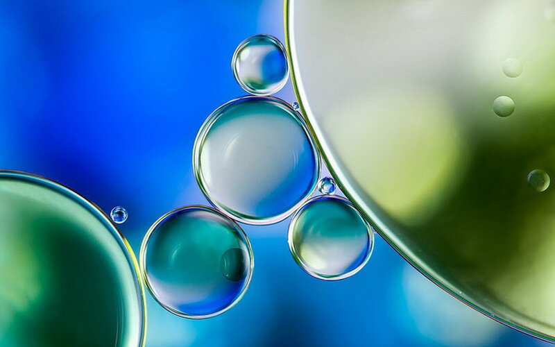 Oil Bubbles in Water — Blue, Calm, Photograph