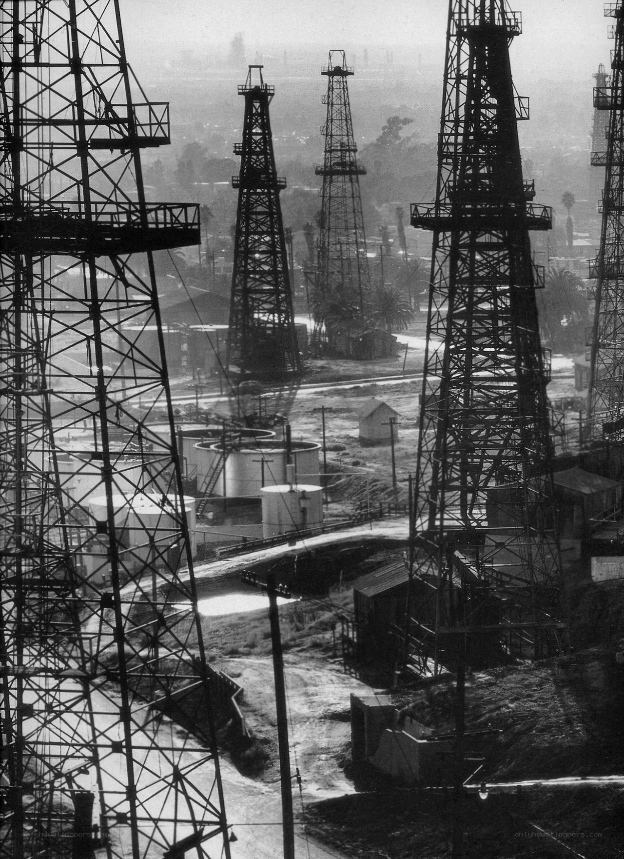 oil derricks in industrial area