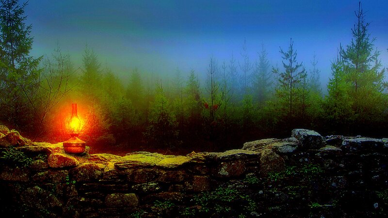 Oil Lamp on Stone Wall