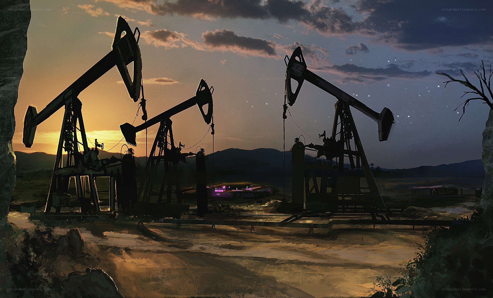 Oil pumps at sunset