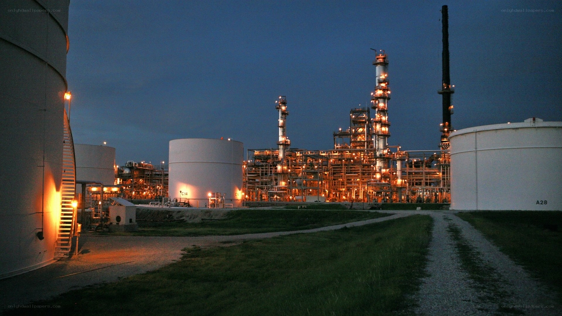 oil refinery at dusk