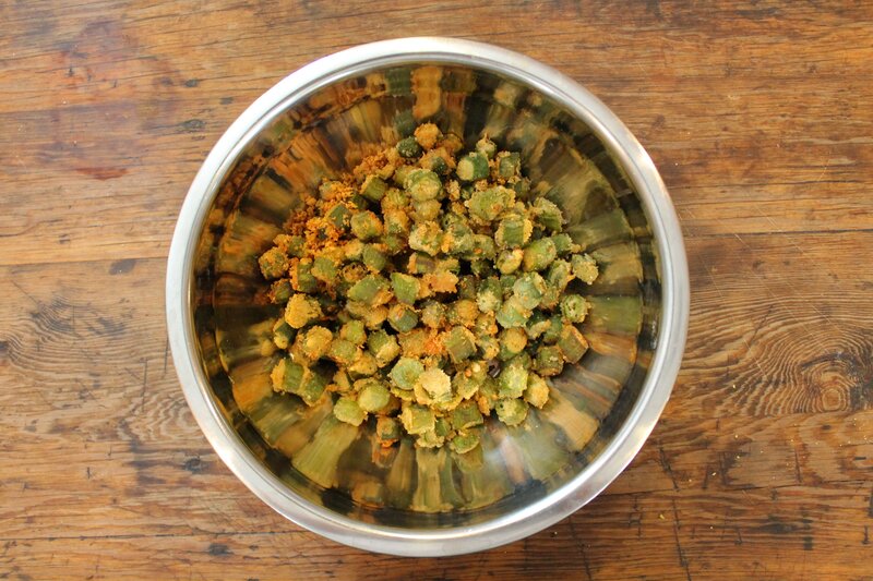 okra in a metal bowl
