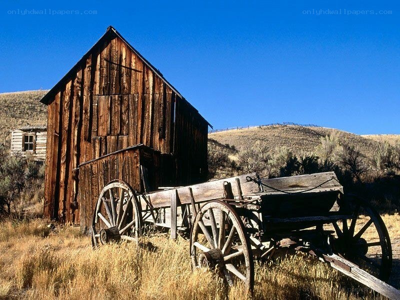 Old barn and wagon in dry field