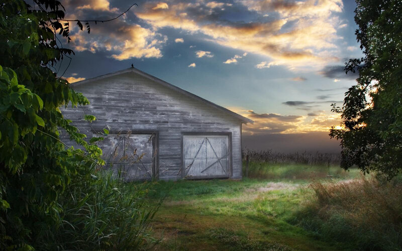 Old barn at sunset