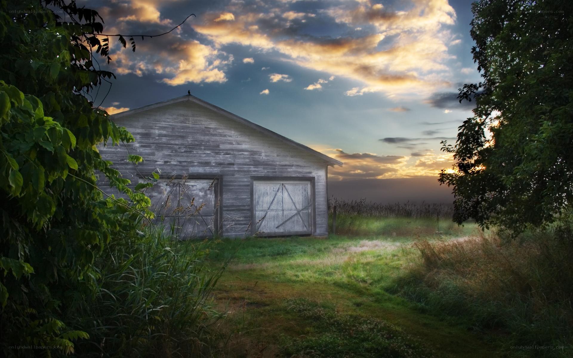 Old barn at sunset