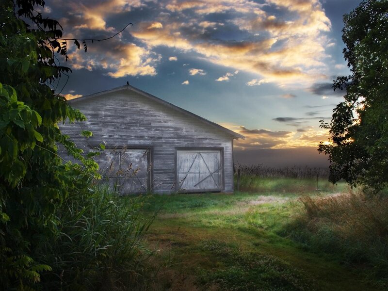 Old Barn at Sunset — Blue, Dramatic