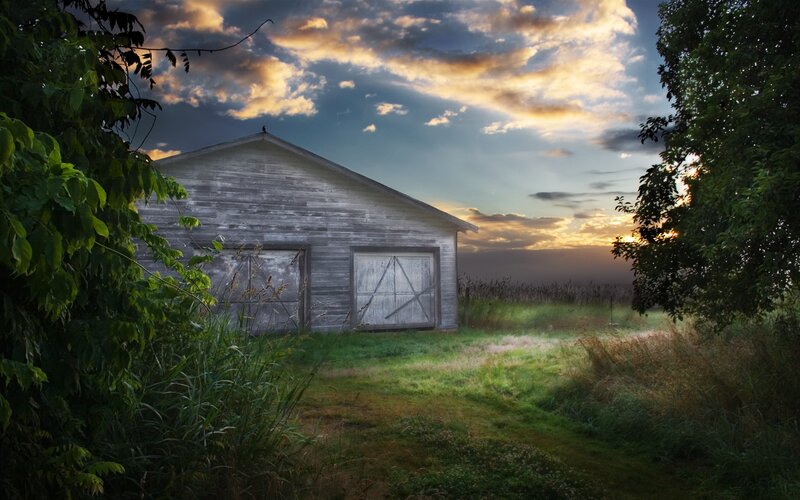 Old Barn at Sunset — Green, Serene, Photograph