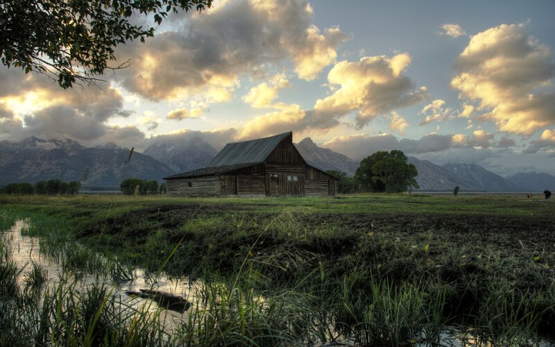 Old Barn in Field — Green, Serene, Sunset, Photograph