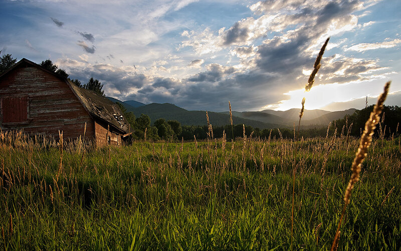 Old Barn in Field — Green, Serene, Sunset