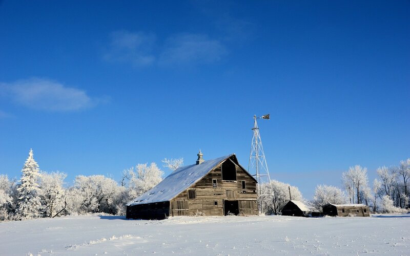 Old Barn in Snow — Blue, Serene