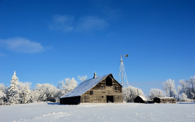 Old Barn in Snow — Blue
