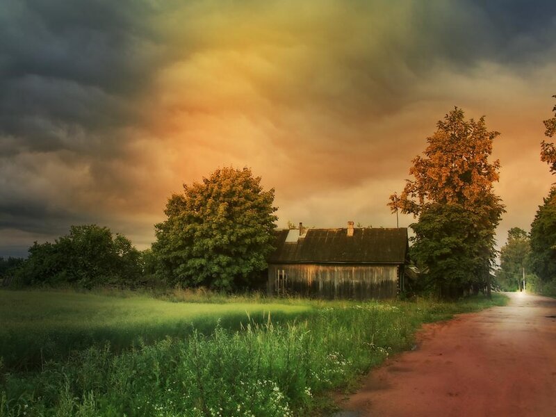 Old barn under stormy sky