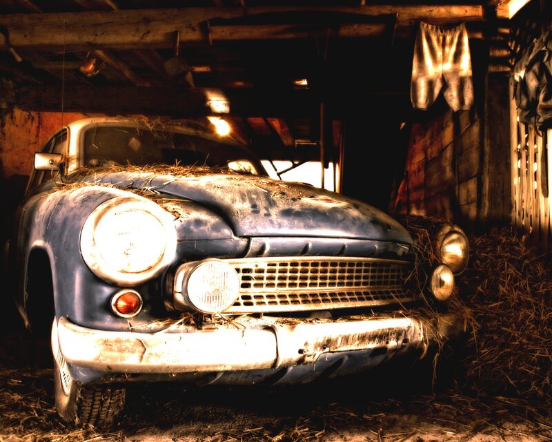 Old Blue Car in Barn — Dramatic