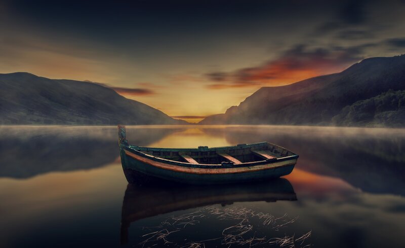 Old Boat on Lake — Blue