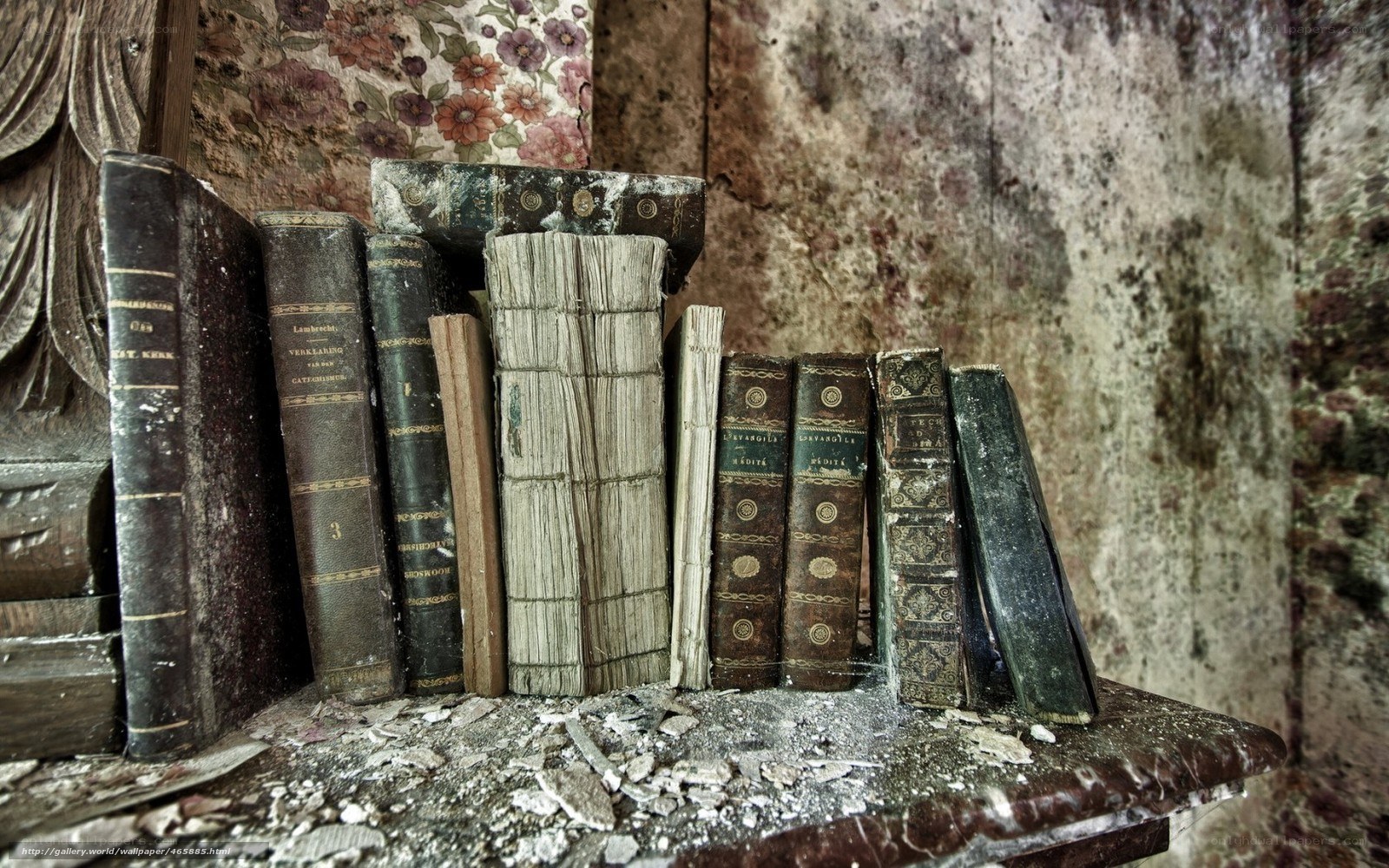 Old books in a decaying room