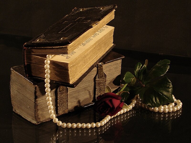 Old Books with Rose and Pearls