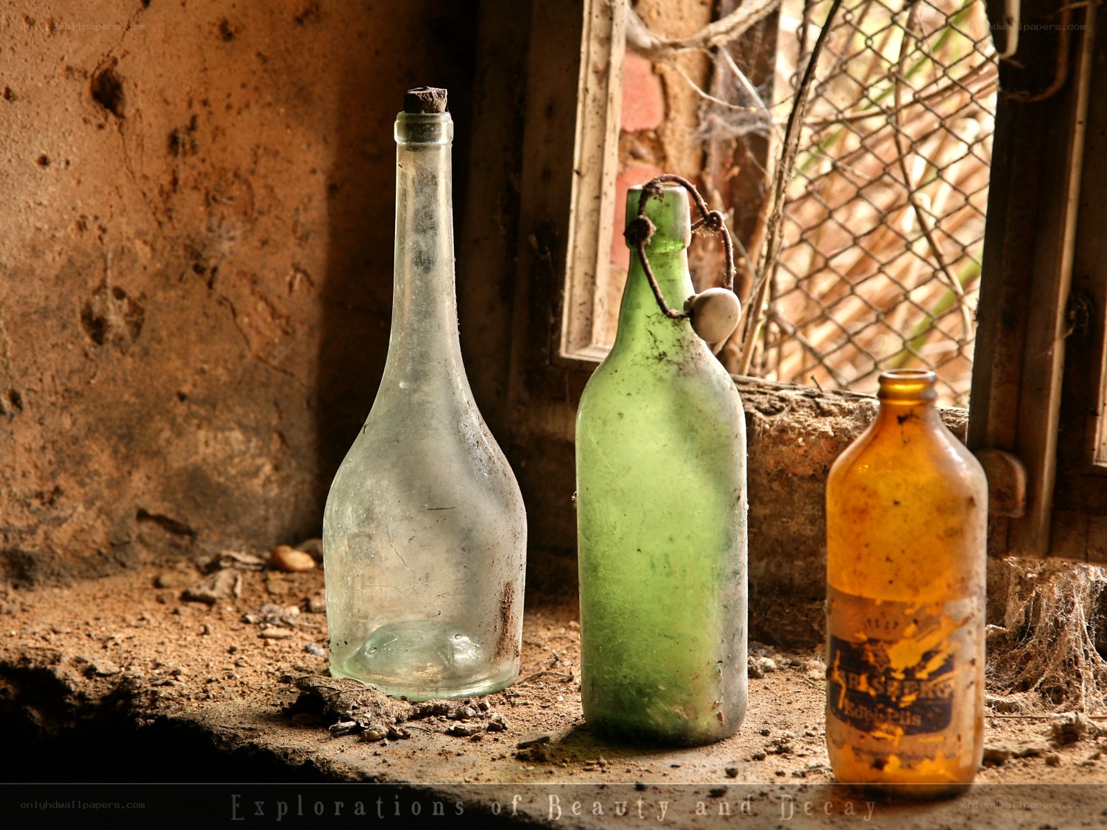Old bottles in a dusty room