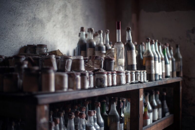 Old Bottles on Shelves