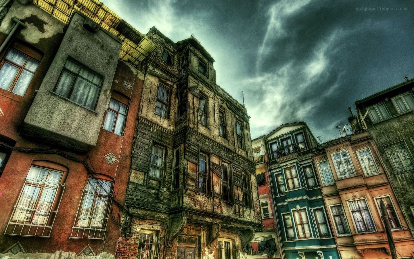 Old buildings under stormy sky