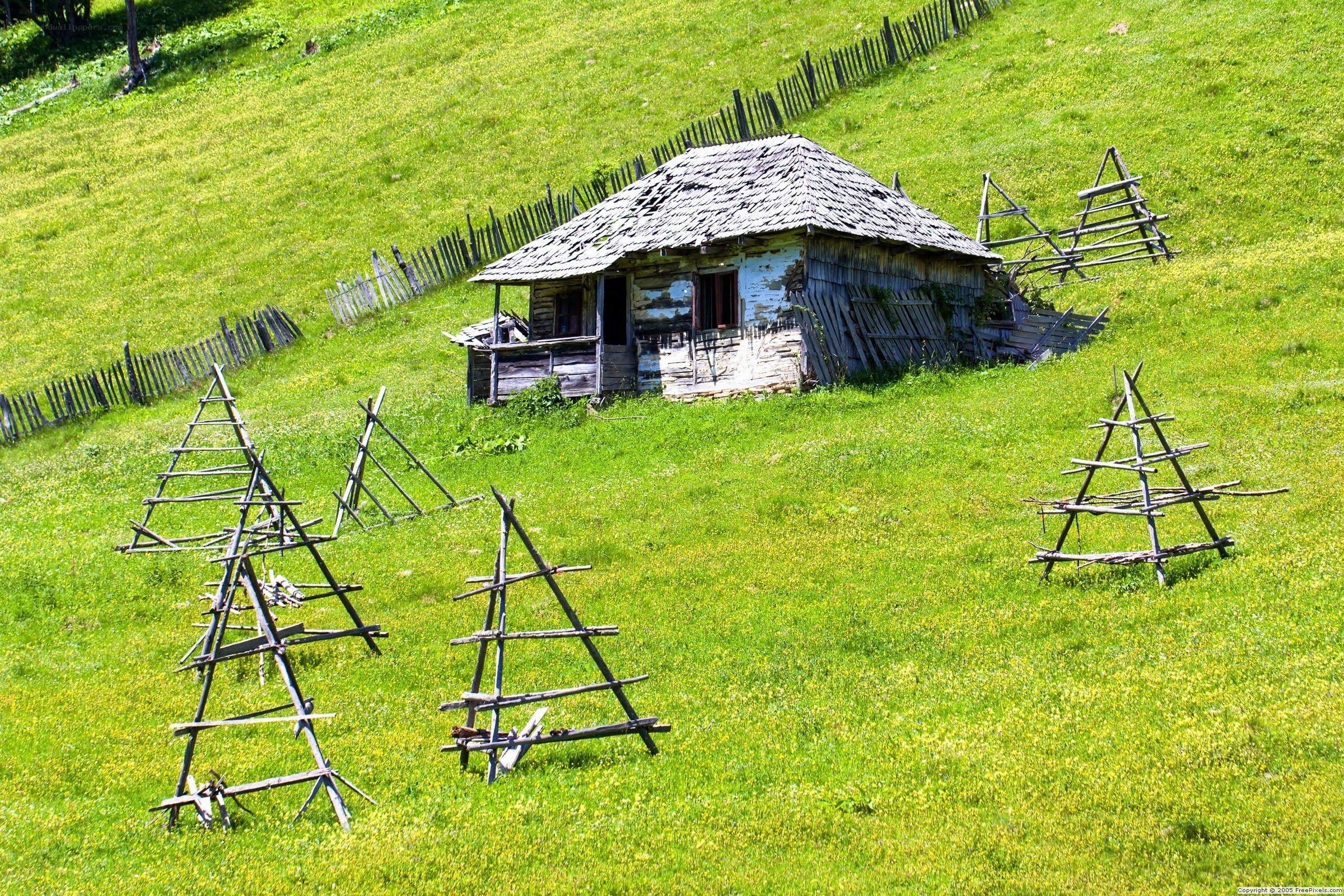 Old cabin on a green hill