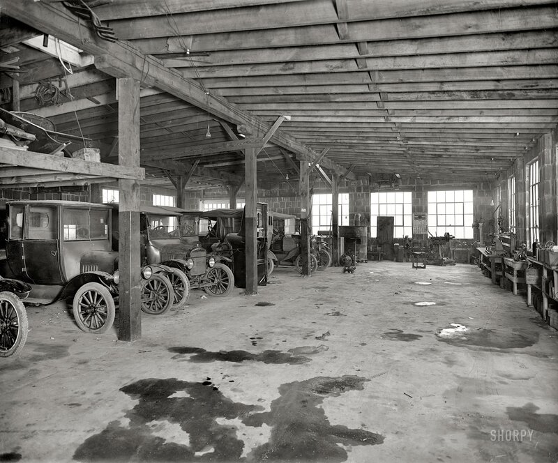 Old cars in a workshop