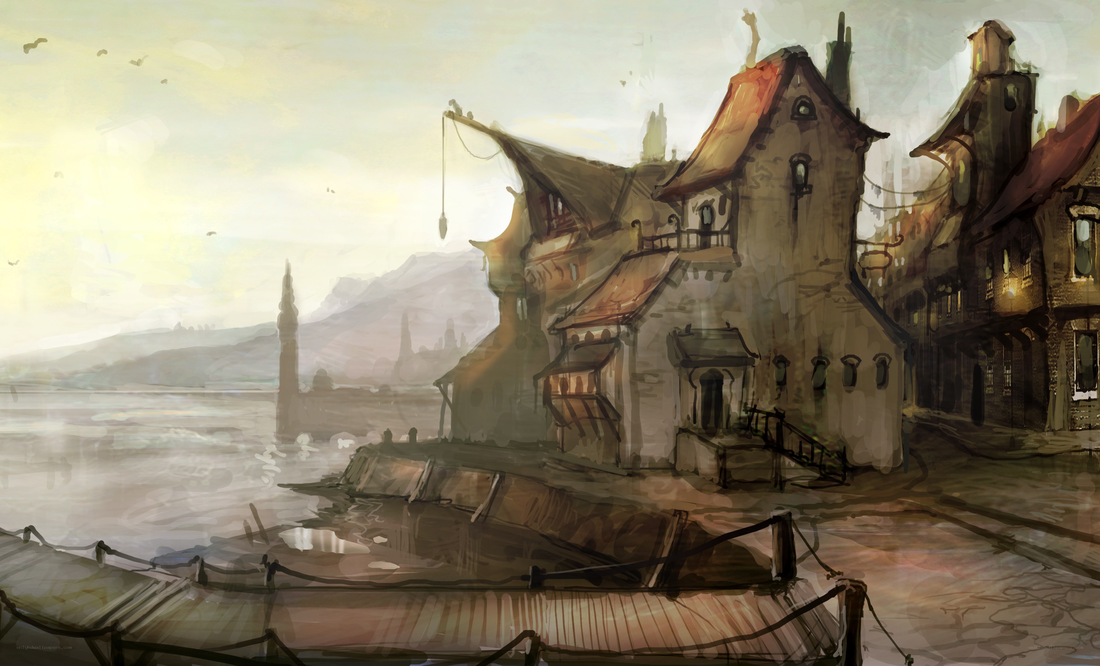 Old coastal town at dawn