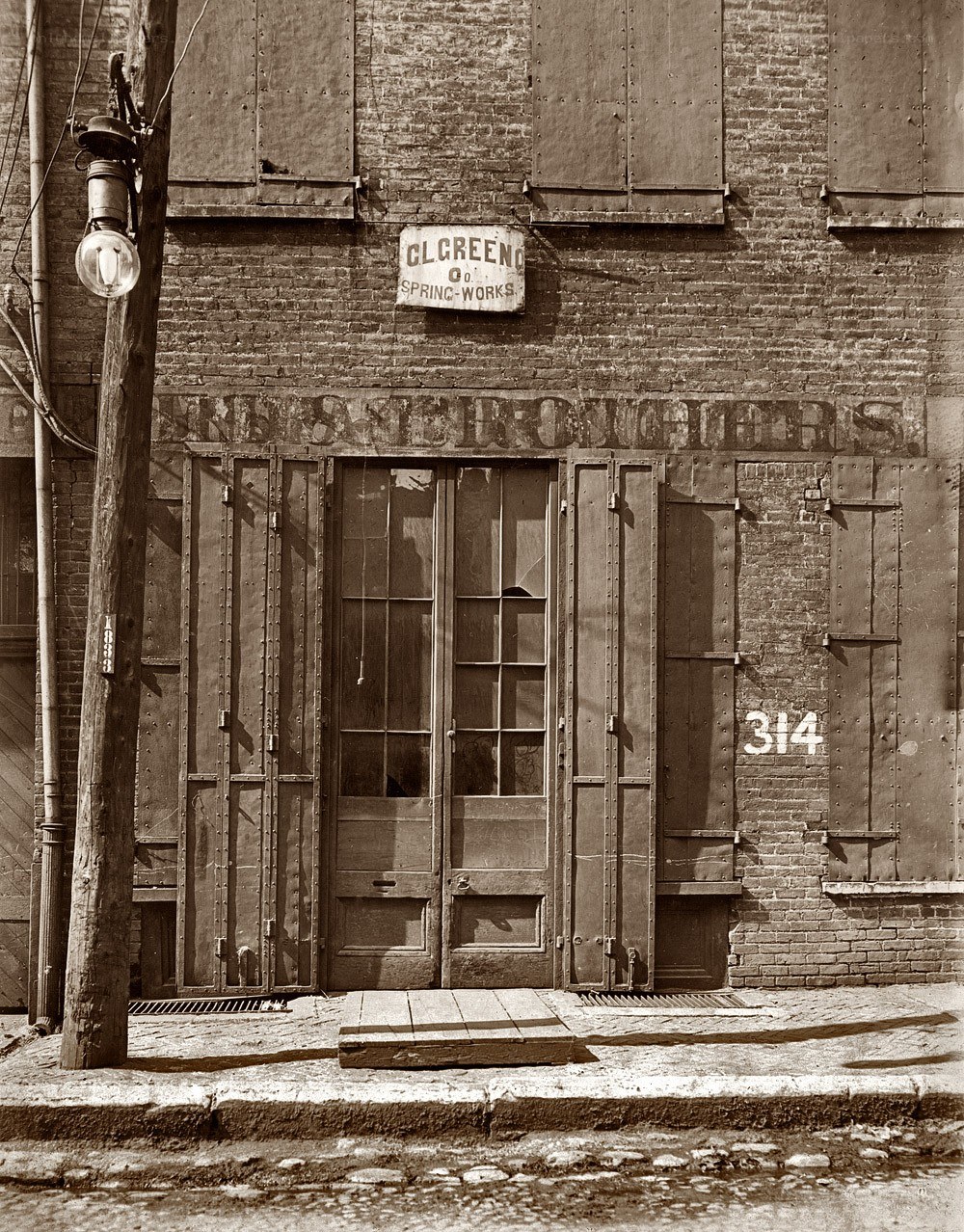 Old factory building with sign