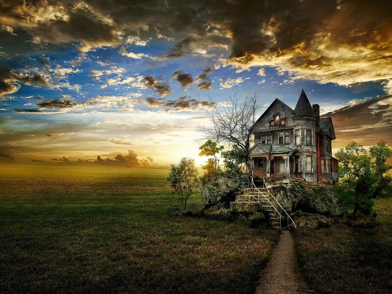 Old House on a Rock — Green, Dramatic