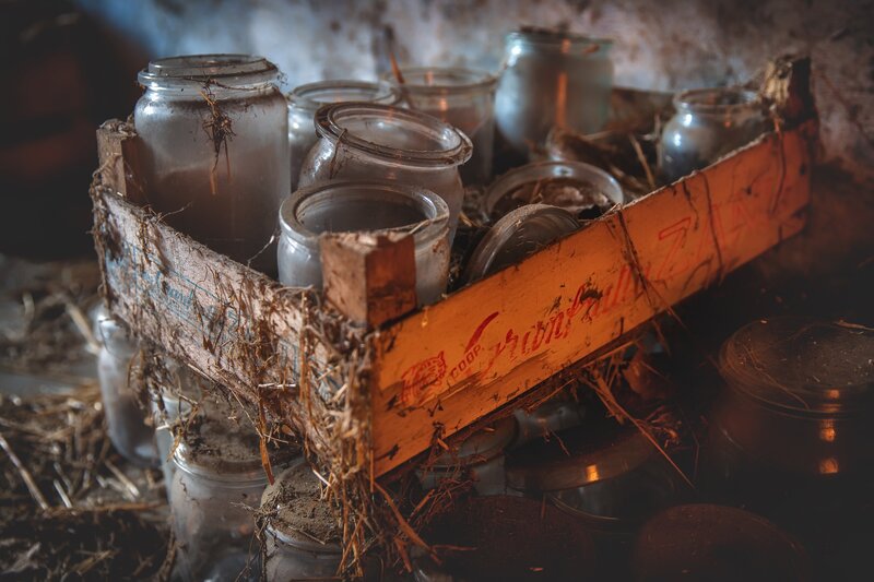 Old Jars in Wooden Crate