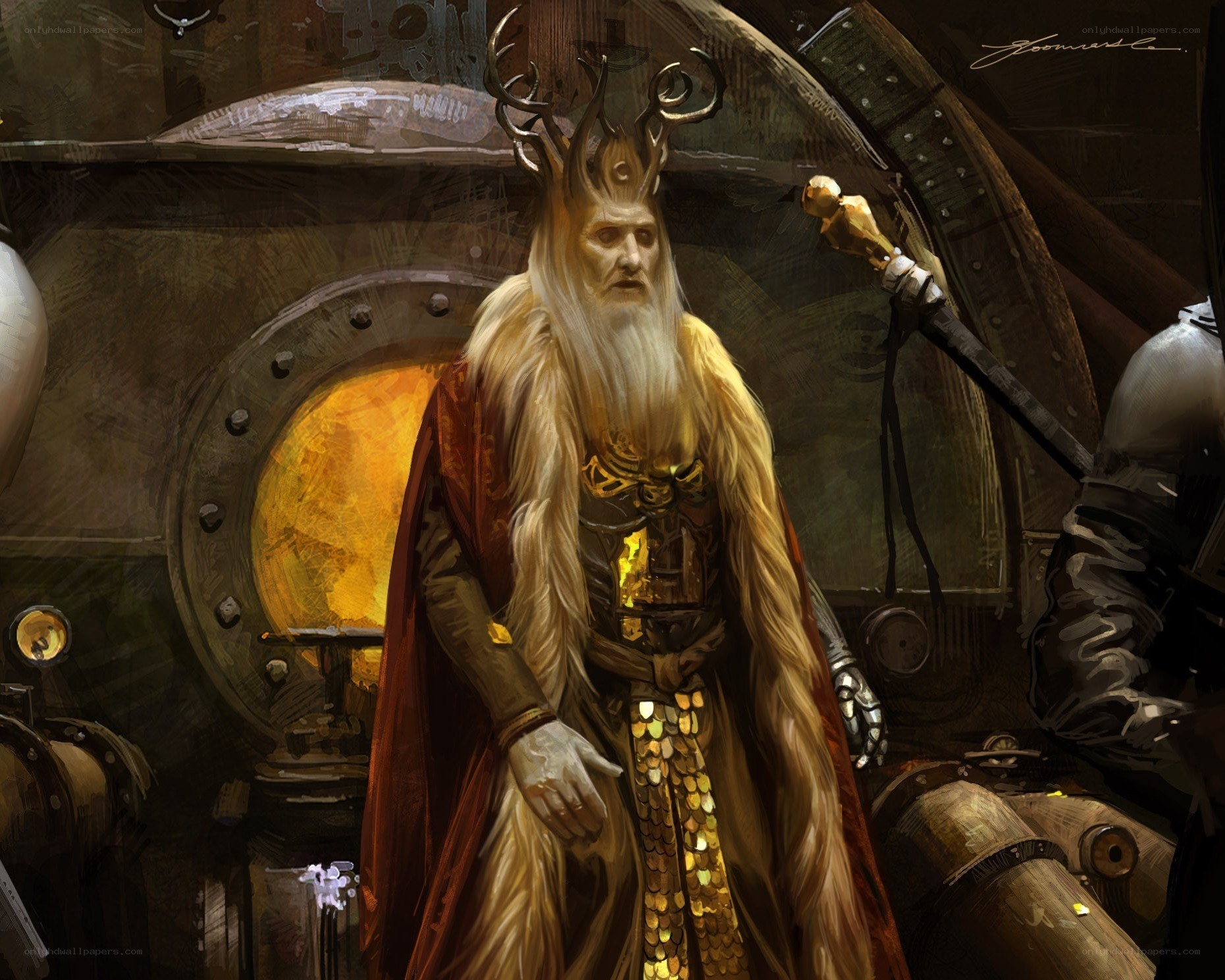 Old king in a steampunk chamber