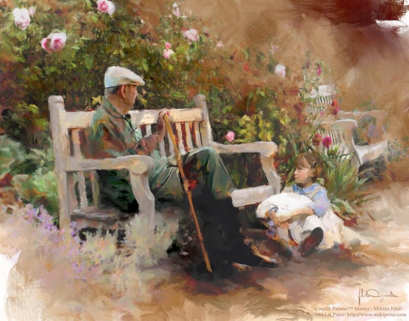 Old Man and Girl on Bench
