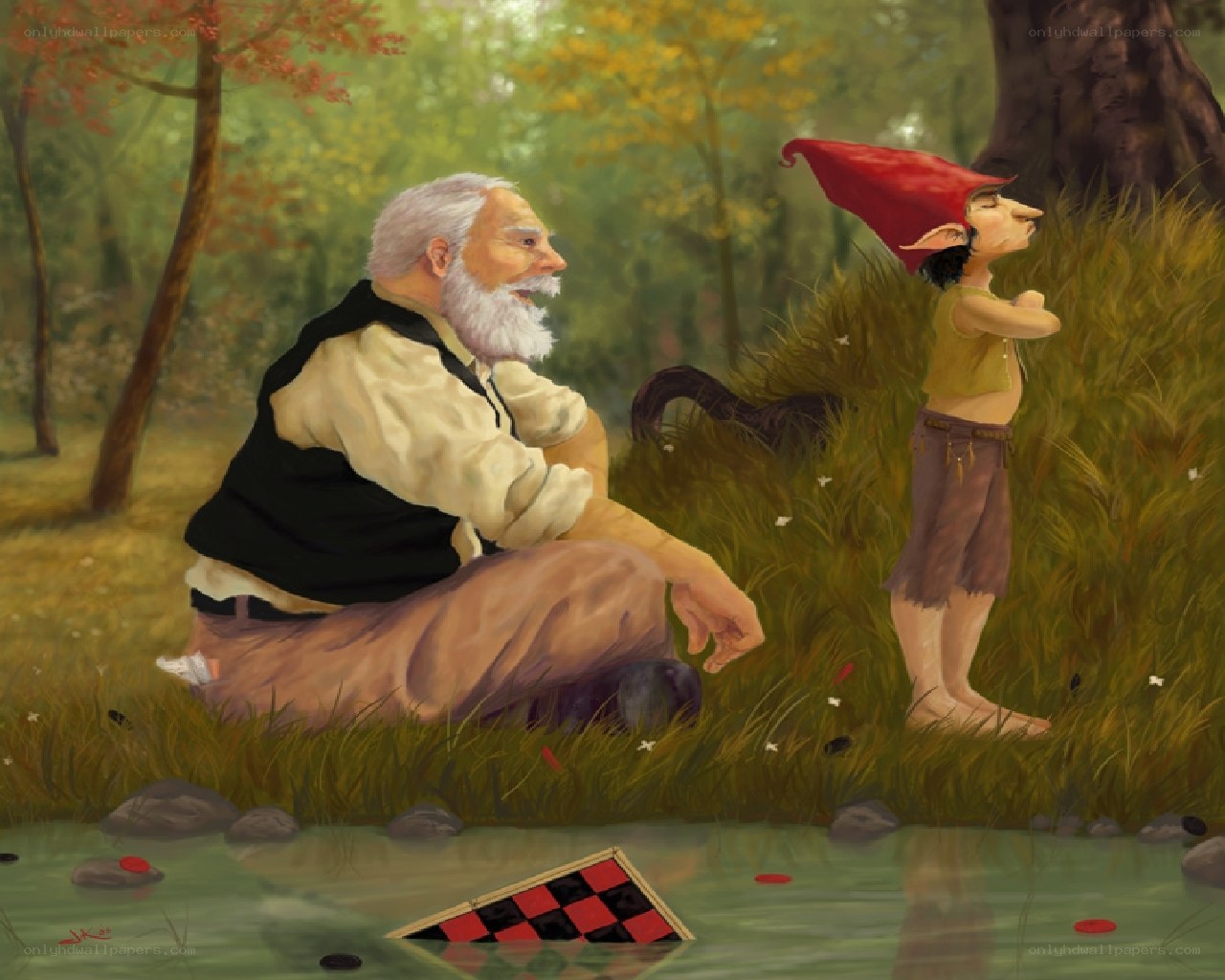 Old man and gnome in forest