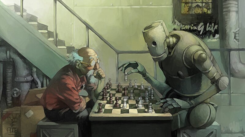 Old Man and Robot Playing Chess