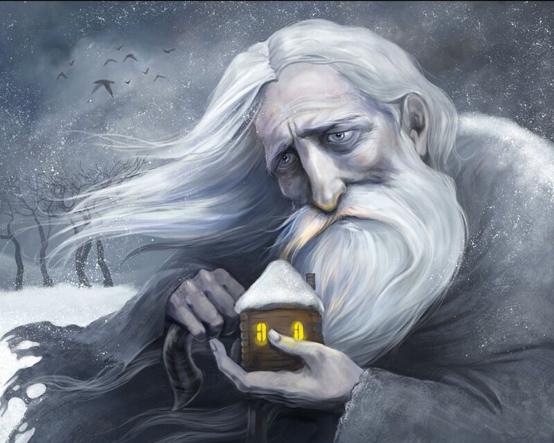 Old Man Holding House — White