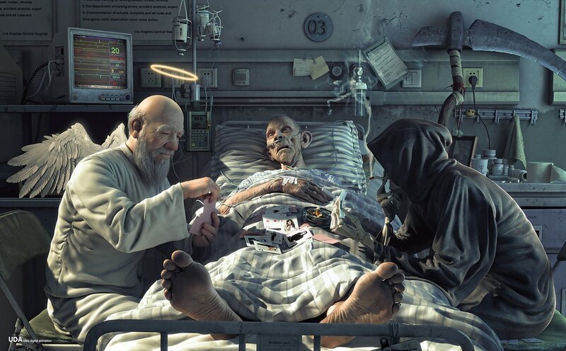 Old Man in Hospital Bed — Gray, Dramatic