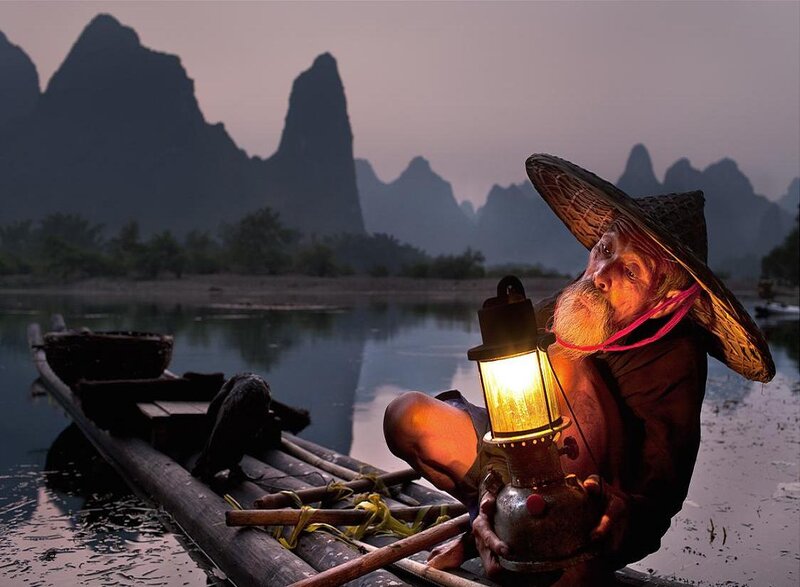 Old Man on Bamboo Raft