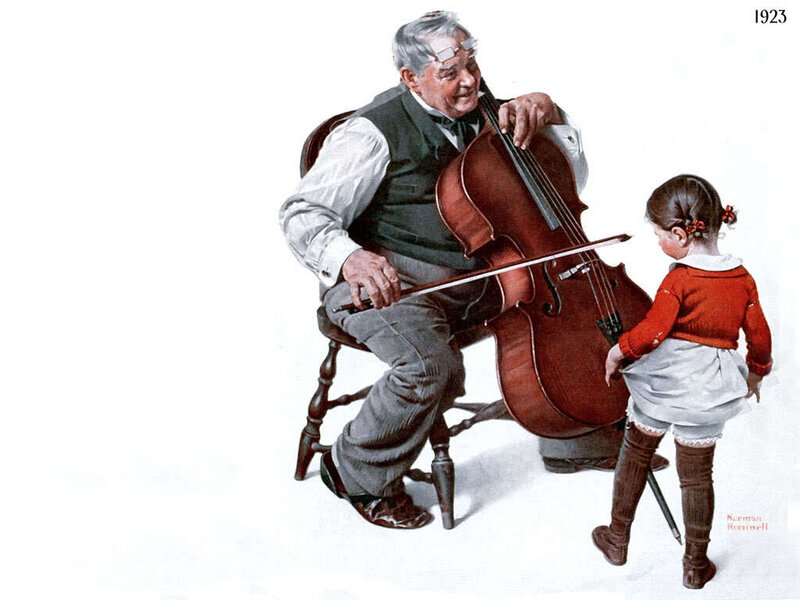 Old man playing cello for a girl