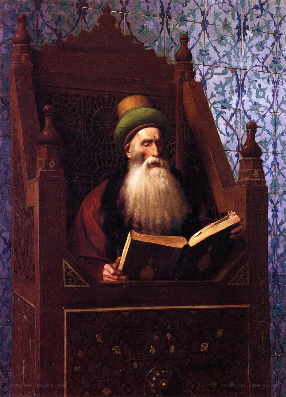 Old man reading in ornate chair