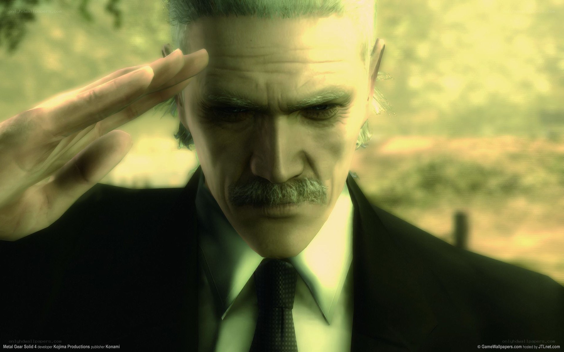 Old man saluting in green light
