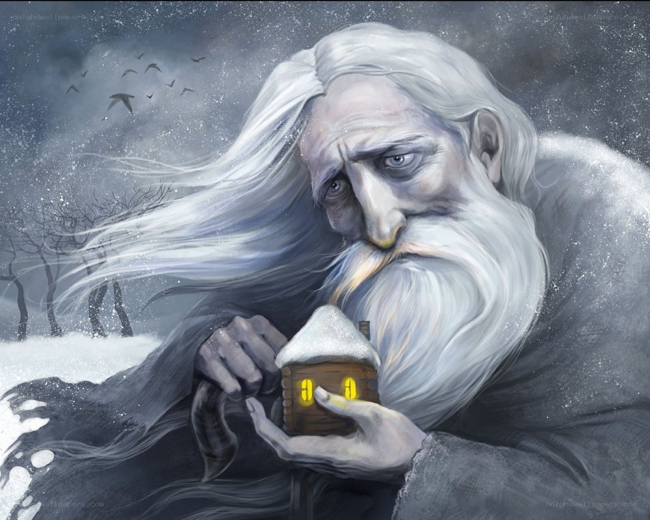 Old man with a snow-covered house