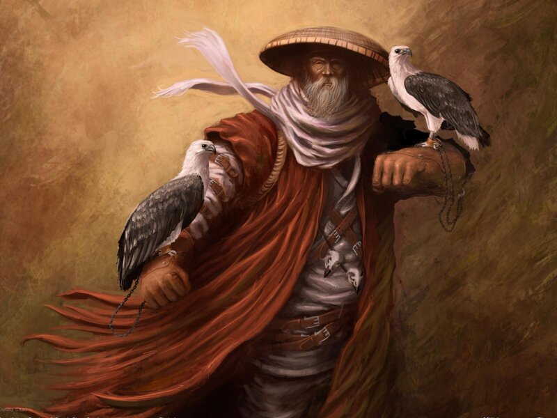Old Man with Birds — Brown, Dramatic, Digital Art