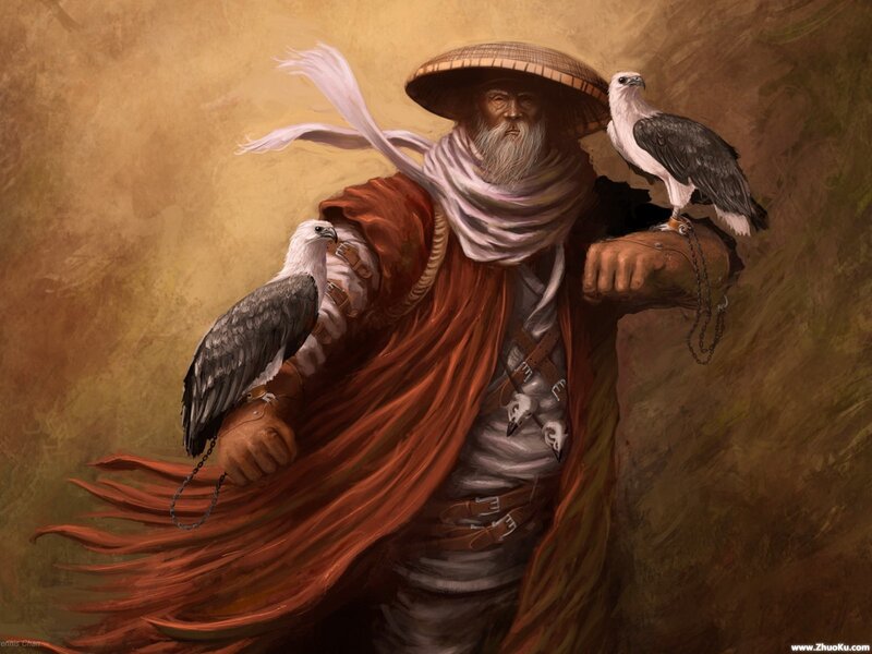 Old Man with Birds — Brown, Dramatic