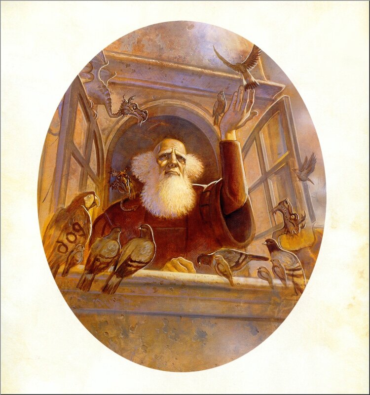 Old man with birds