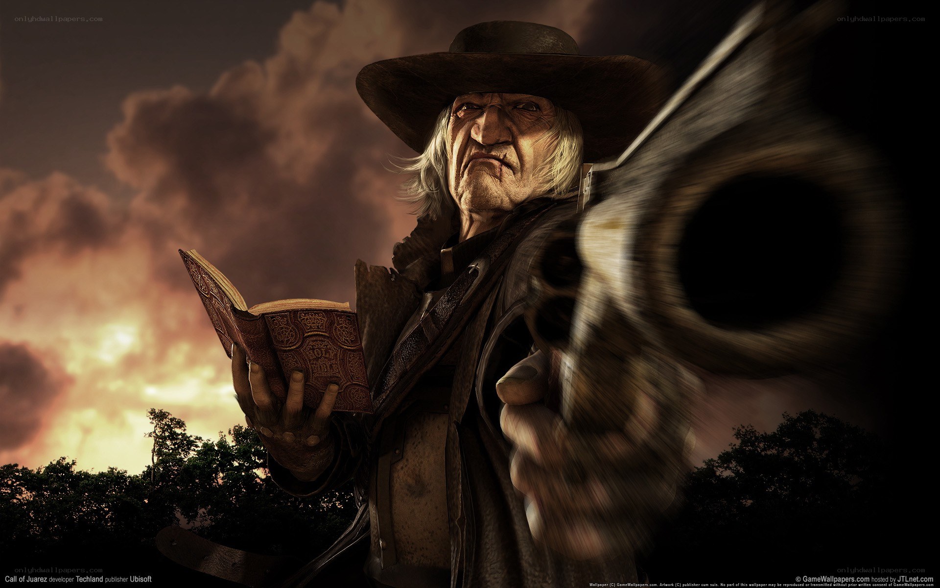 Old man with book and gun