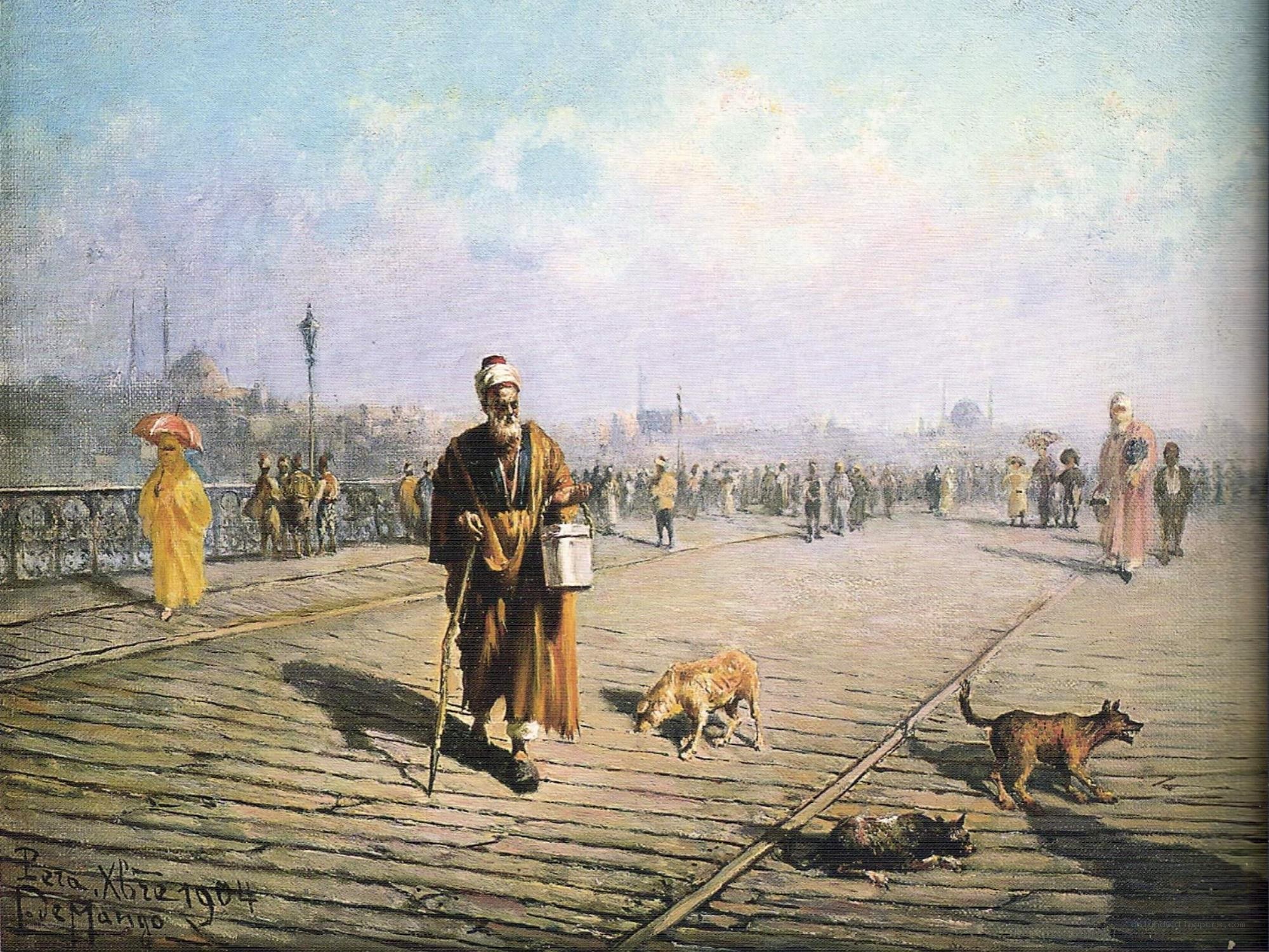 Old man with dogs on a bridge