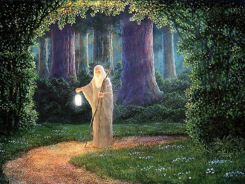Old man with lantern in forest