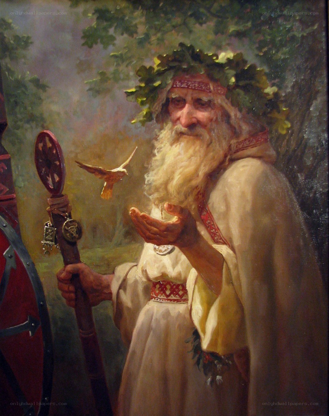 Old man with staff and bird